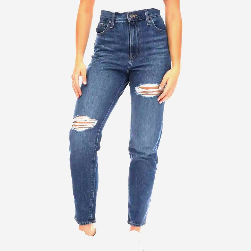 NEW Levi's High Waisted Mom Jeans, Distressed Rips | 30 x 27, Med Indigo Blue